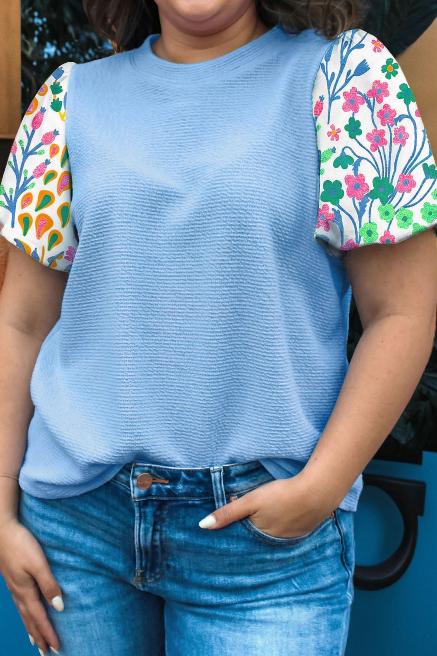 Delaney Floral Sleeve Textured Top
