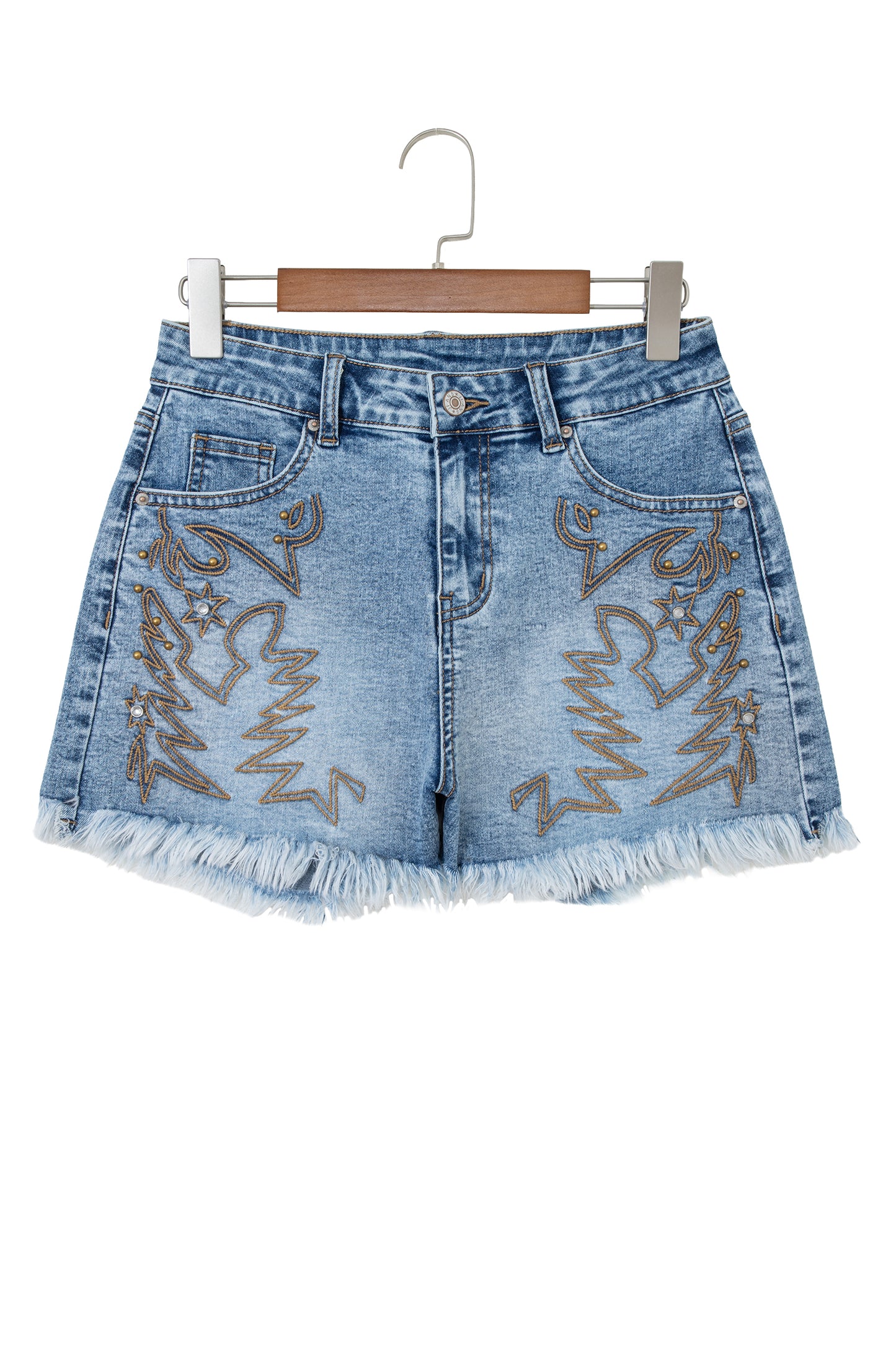Dusk Blue Western Embroidery Stud Denim Shorts Summer Daily Wear