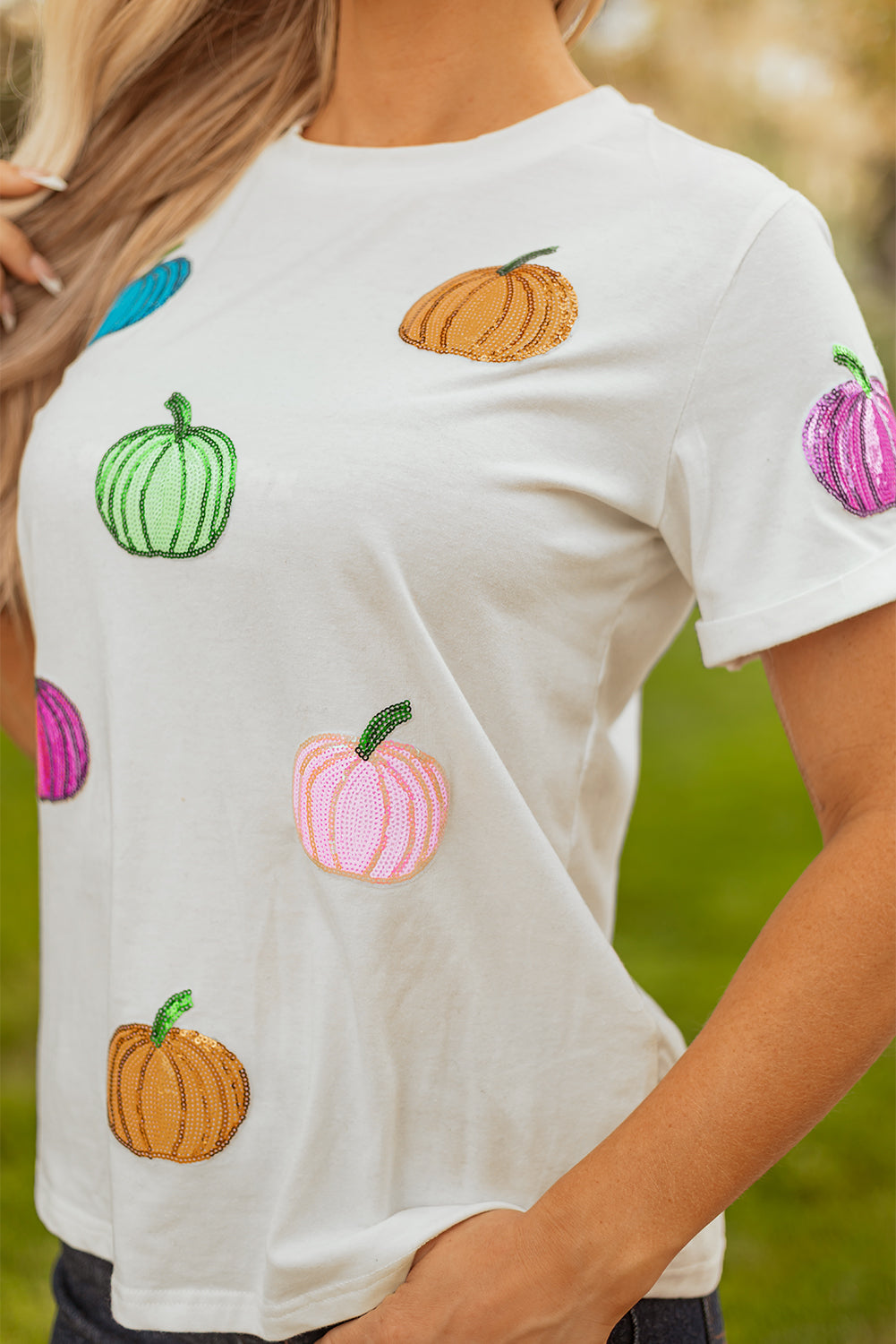 White Sequin Pumpkin Patched Cotton Blend T Shirt