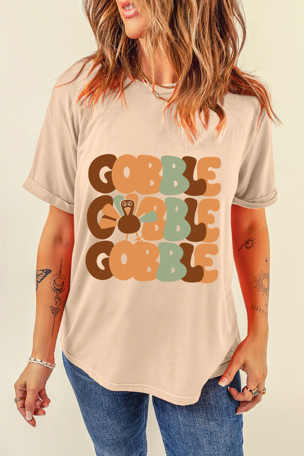 Khaki GOBBLE Turkey Print Thanksgiving Fashion Tee