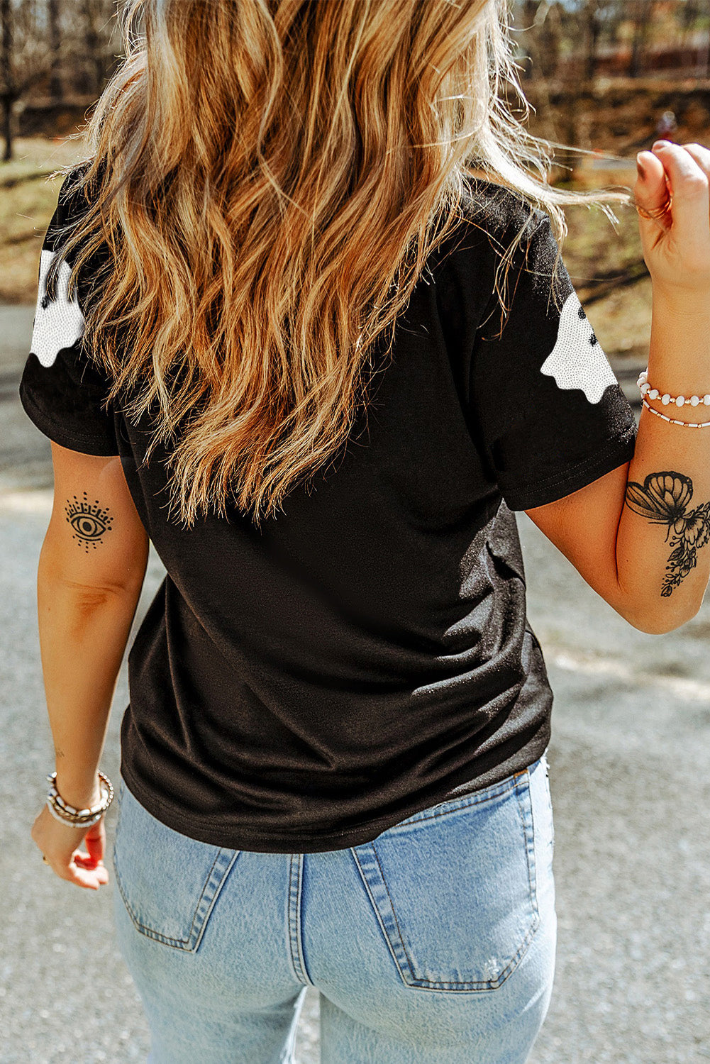 Sachet Sequin Halloween Ghost Patched Casual T Shirt