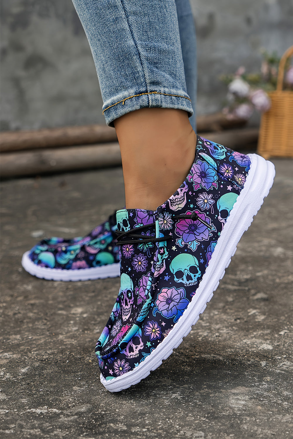 Sugar Skull Print Lace-up Detail Flat Shoes