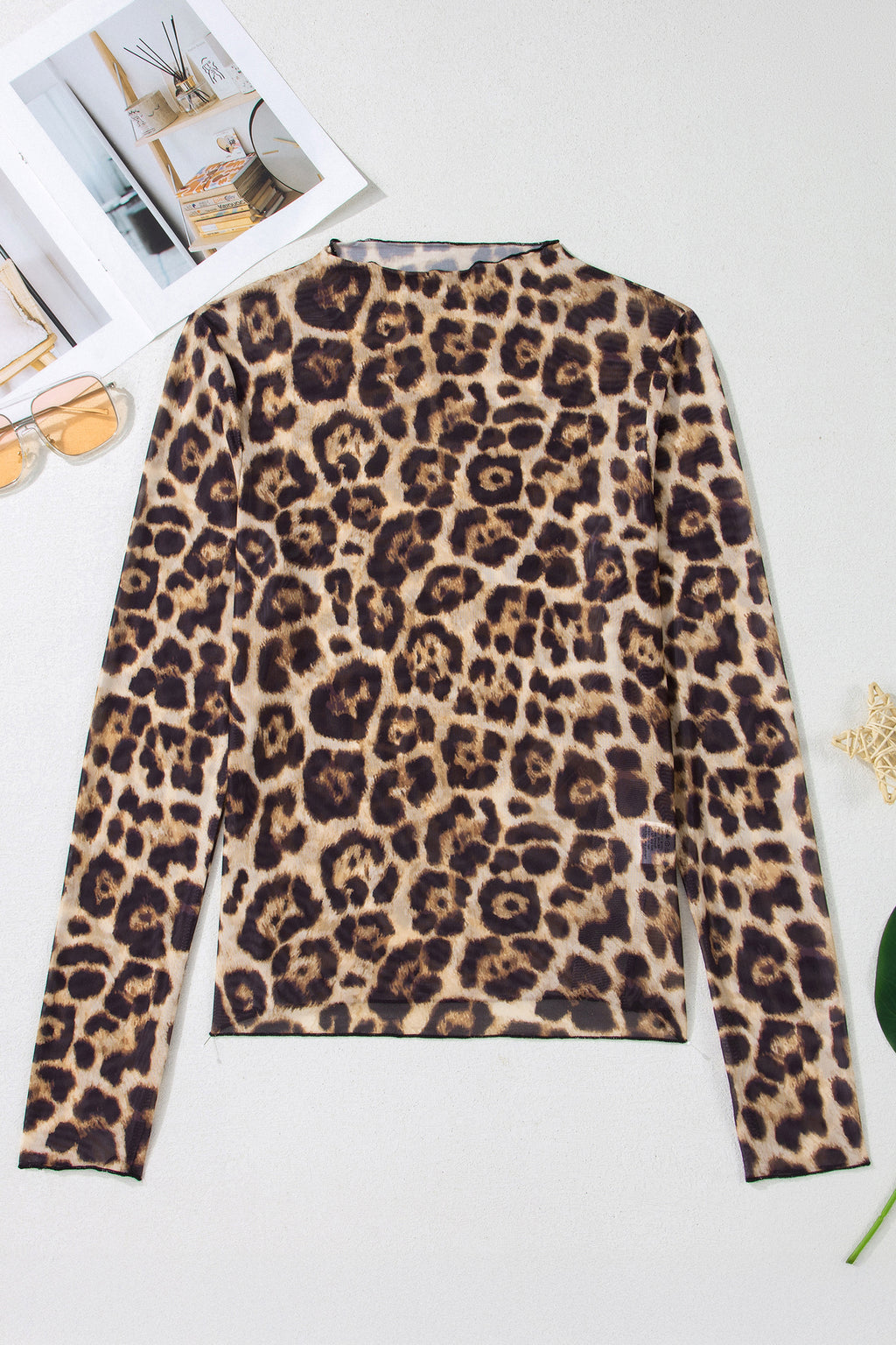 Rose Floral Print Slim Fit Mesh Long Sleeve Mock Neck Top