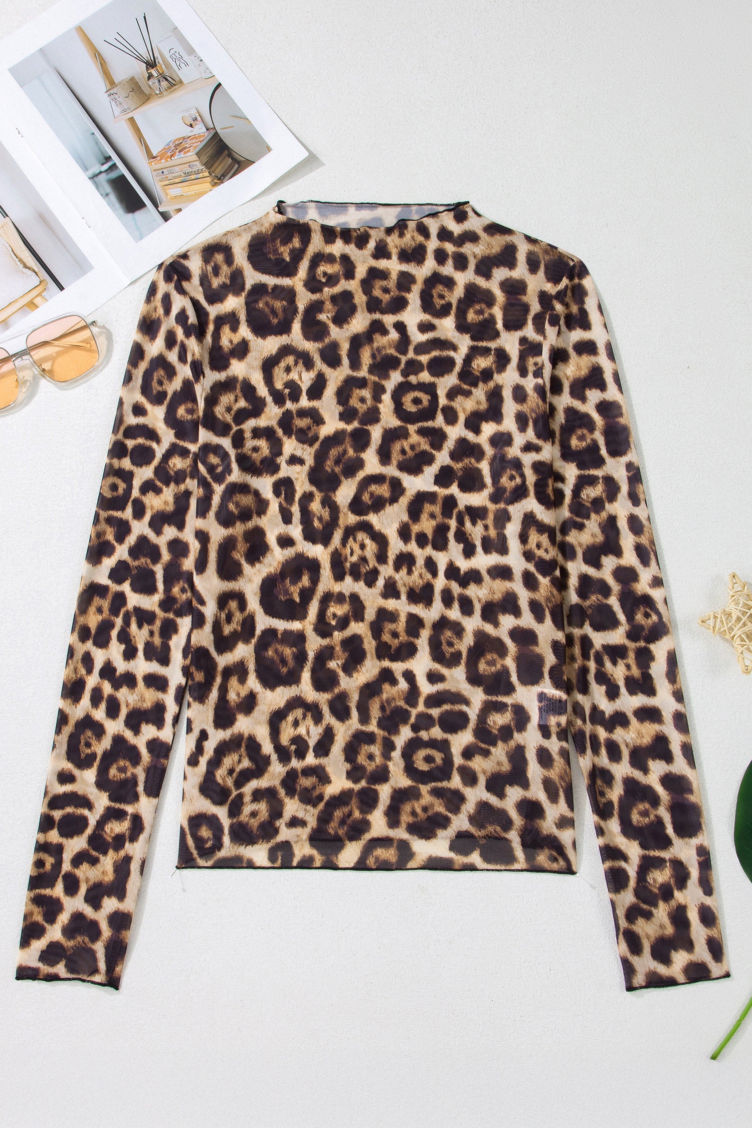 Rose Floral Print Slim Fit Mesh Long Sleeve Mock Neck Top
