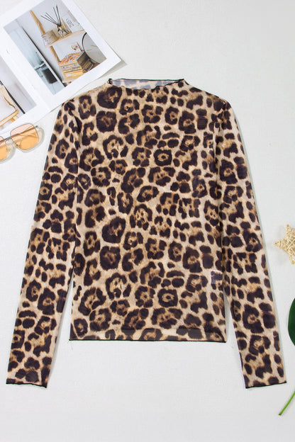Rose Floral Print Slim Fit Mesh Long Sleeve Mock Neck Top