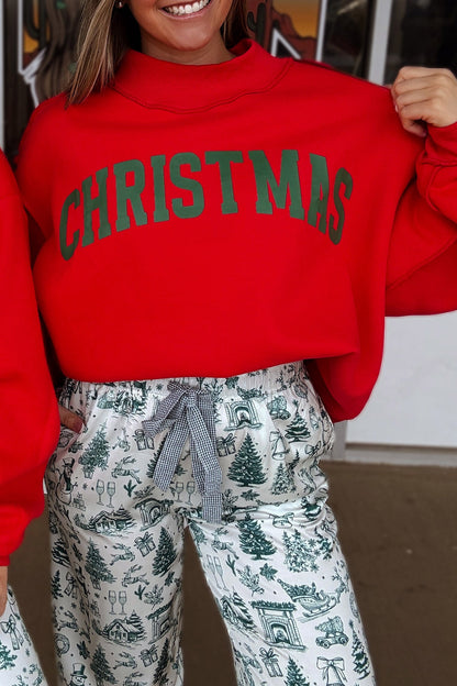 MERRY/CHRISTMAS Reversible Print Mock Neck Baggy Pullover Sweatshirt