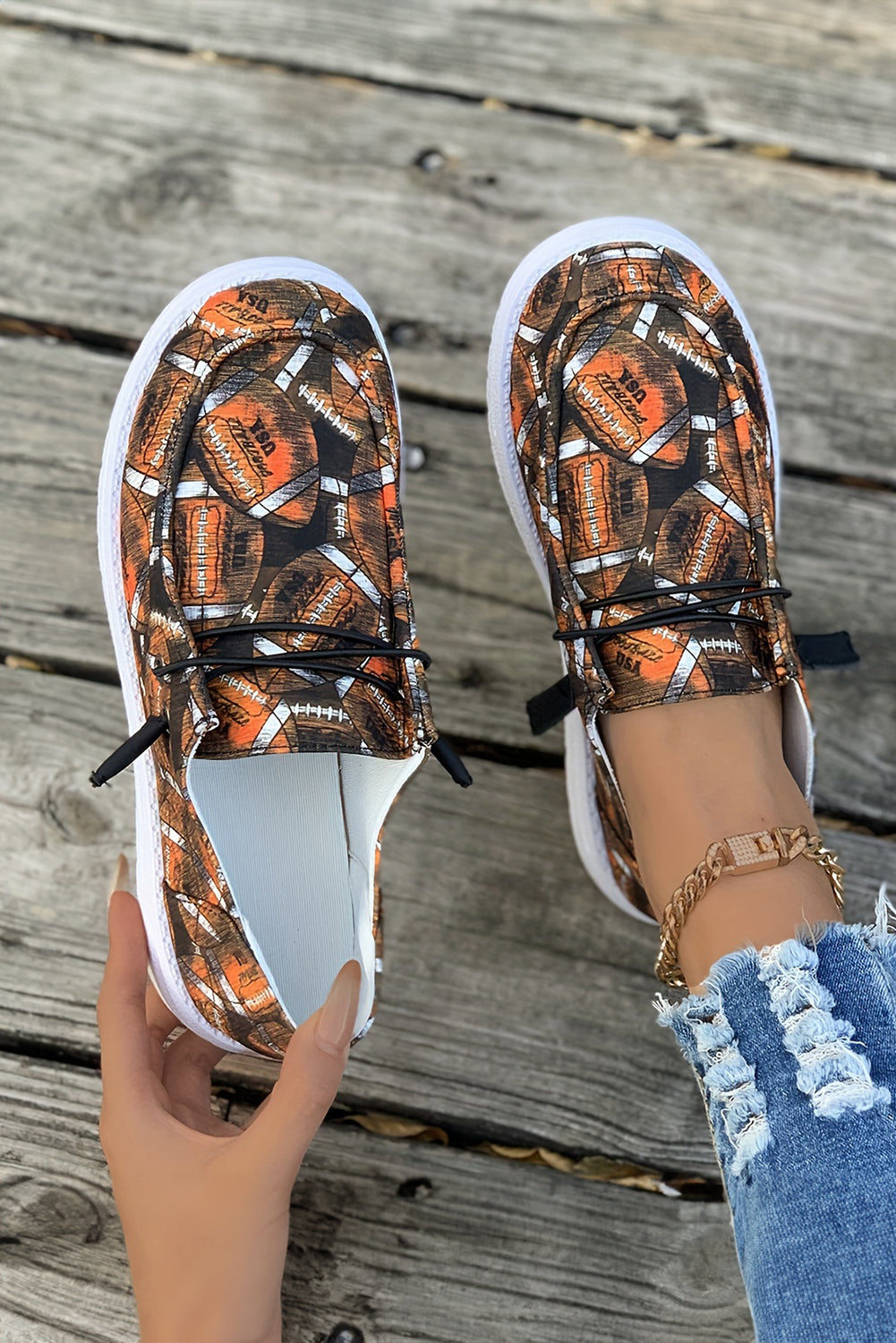 Coffee Football Allover Print Lace Up Detail Slip On Flat Shoes