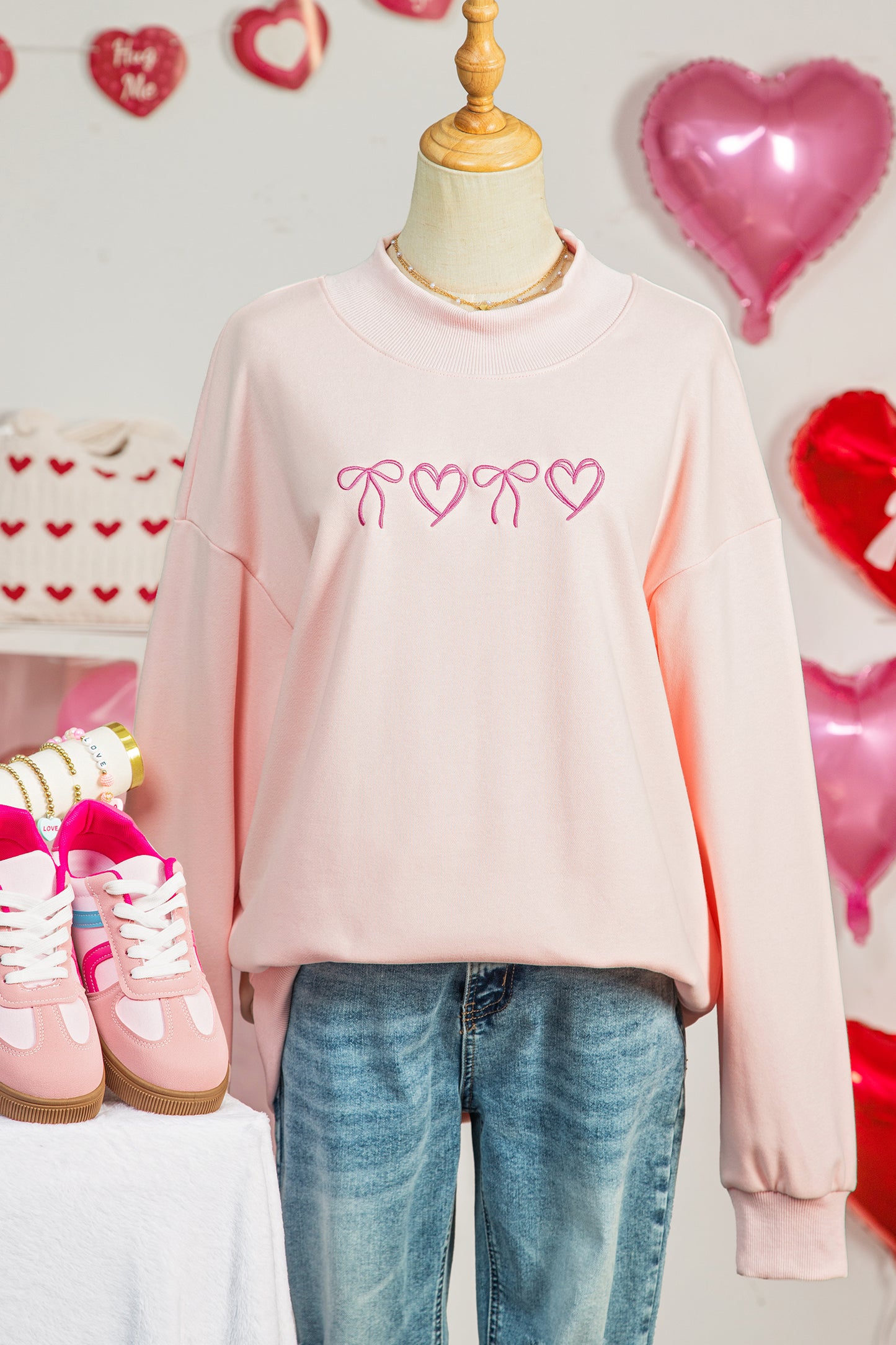 Apricot Pink Bow Heart Embroidered Mock Neck Sweatshirt