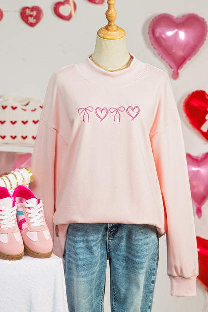 Apricot Pink Bow Heart Embroidered Mock Neck Sweatshirt
