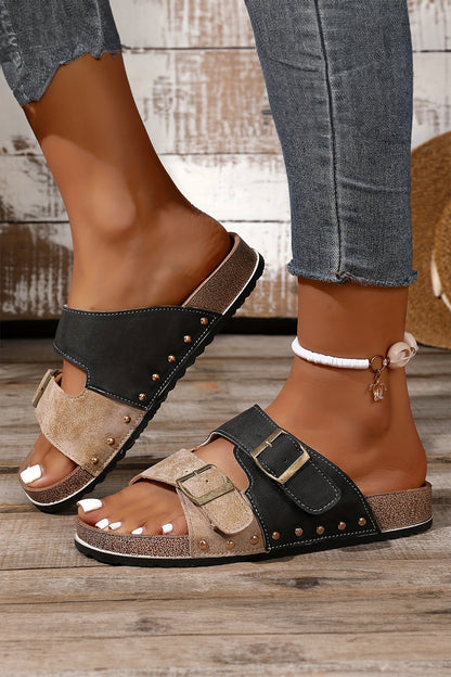 Light Blue Leopard Two-tone Retro Buckle Straps Hollowed Faux Suede Slippers