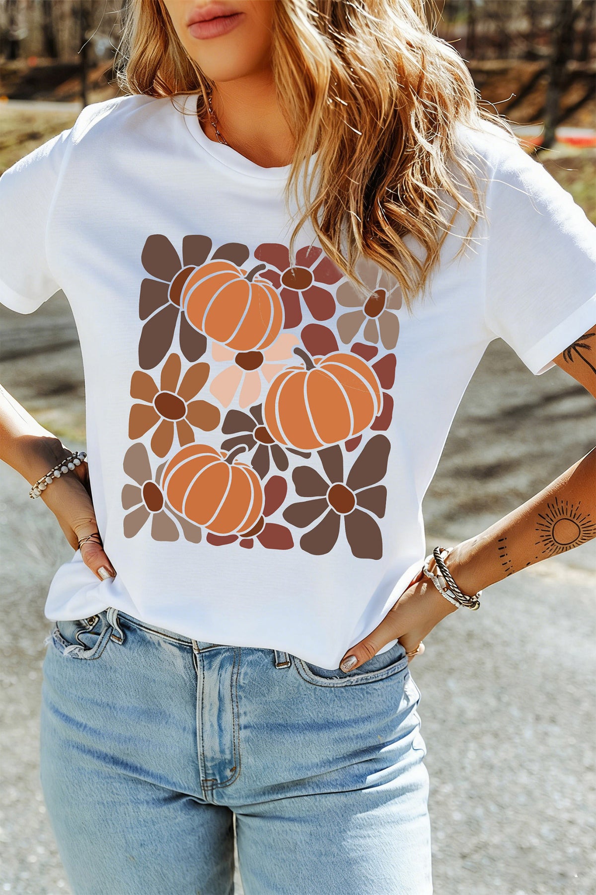 White Floral Pumpkin Print Casual T-Shirt