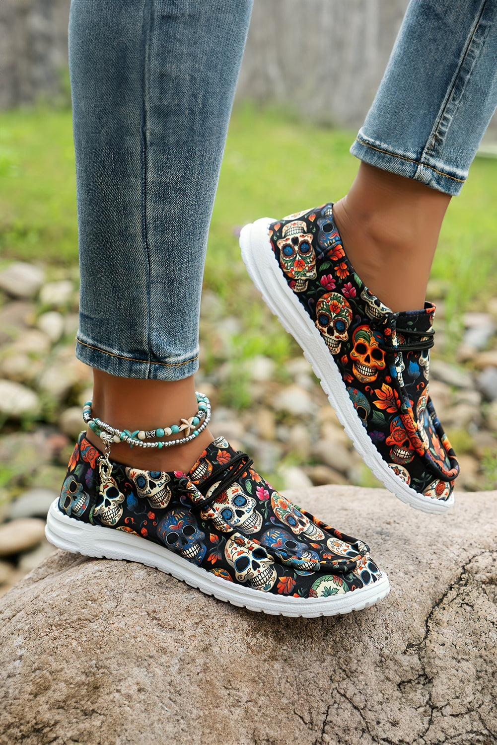 Sugar Skull Print Lace-up Detail Flat Shoes