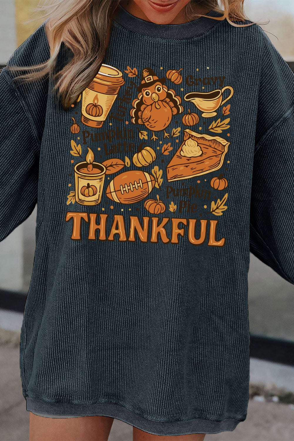 Dark Grey Twisted Ribbed THANKFUL Fall Fashion Printed Baggy Sweatshirt