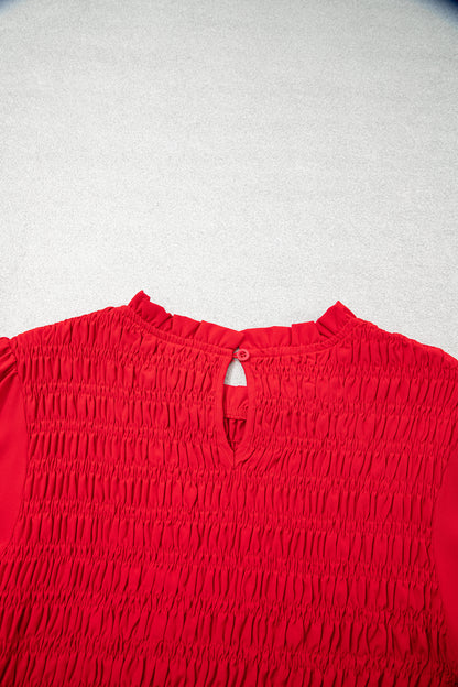Jet Stream Solid Color Smocked Ruffle Hem Long Sleeve Blouse