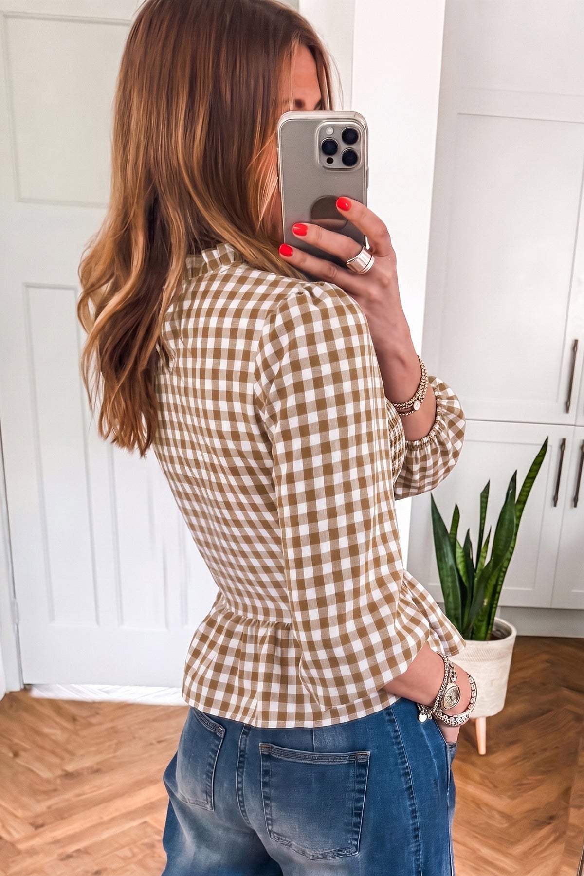 Ruched 3/4 Sleeve Shirred Plaid Peplum Top