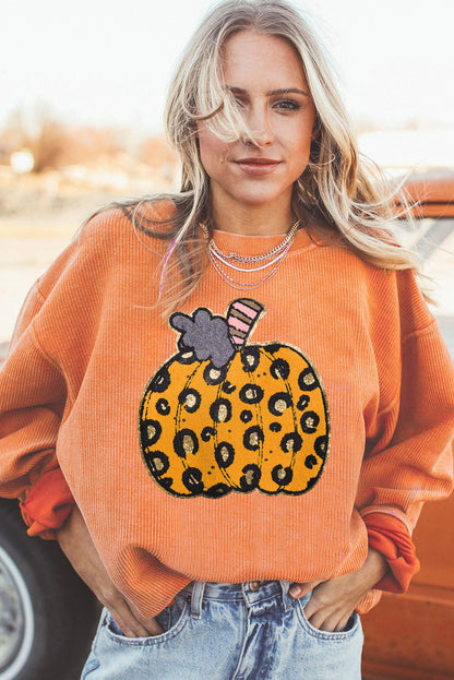 Orange Leopard Pumpkin Patchwork Ribbed Sweatshirt