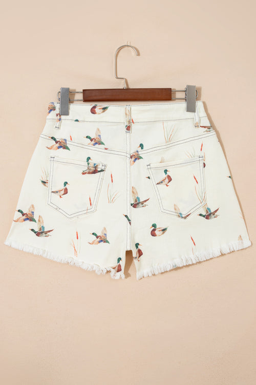 Beige Wild Duck Mallard High Waist Frayed Denim Shorts