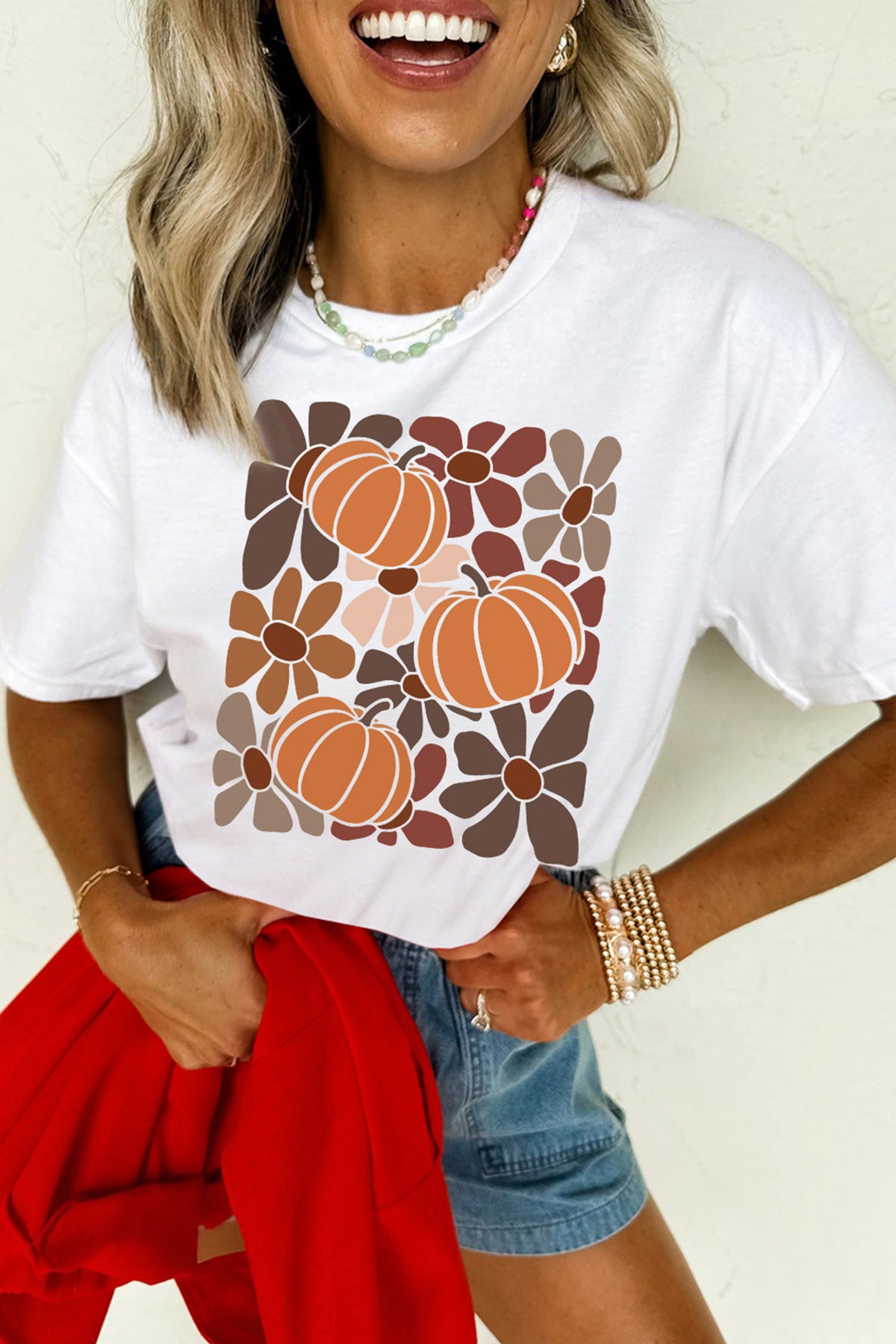 White Floral Pumpkin Print Casual T-Shirt