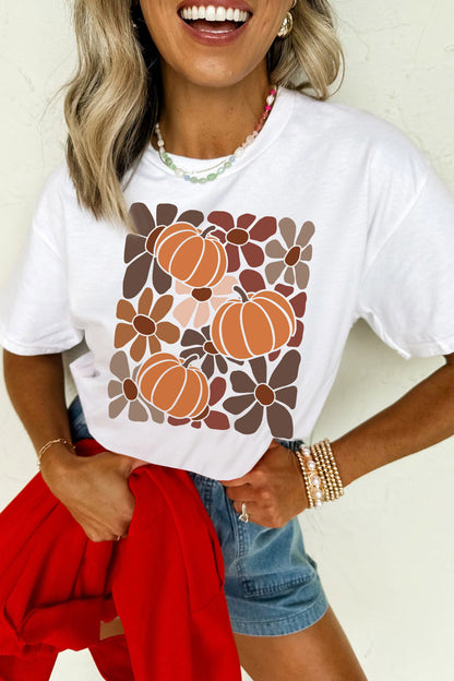White Floral Pumpkin Print Casual T-Shirt