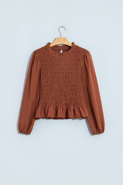 Jet Stream Solid Color Smocked Ruffle Hem Long Sleeve Blouse