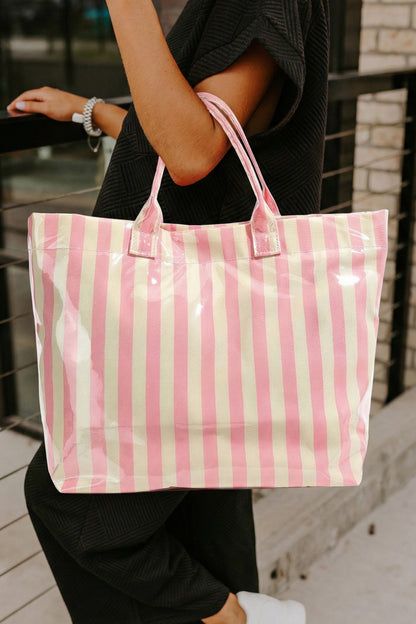 Rose Red Glossy Striped Vinyl Large Tote Bag