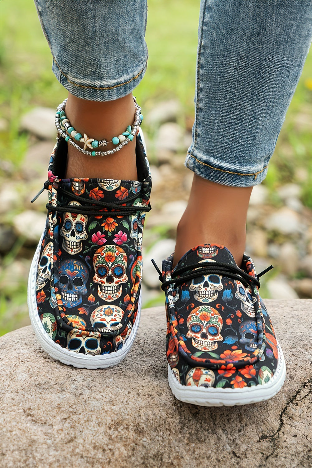 Sugar Skull Print Lace-up Detail Flat Shoes