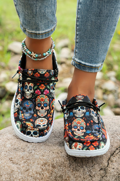 Sugar Skull Print Lace-up Detail Flat Shoes