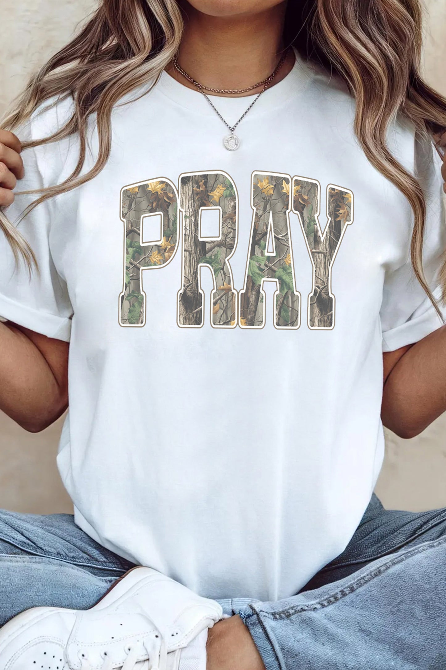 PRAY | Camo Letter Print Graphic Tee
