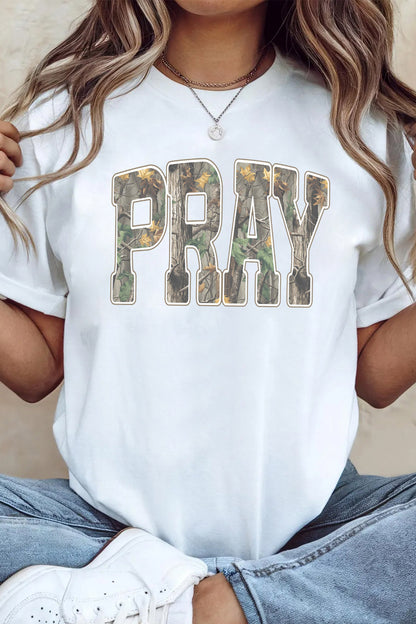 PRAY | Camo Letter Print Graphic Tee