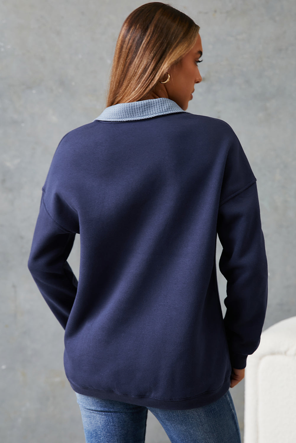 Blue Drop Shoulder Metal Button Casual Pullover Sweatshirt