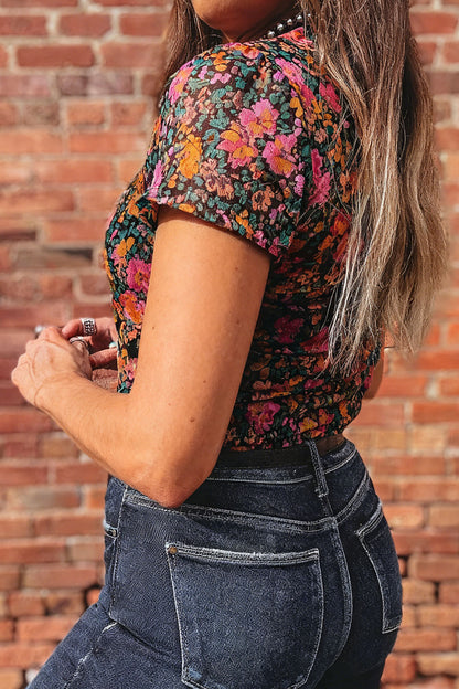 Oatmeal Western Printed Mesh Short Sleeve Top