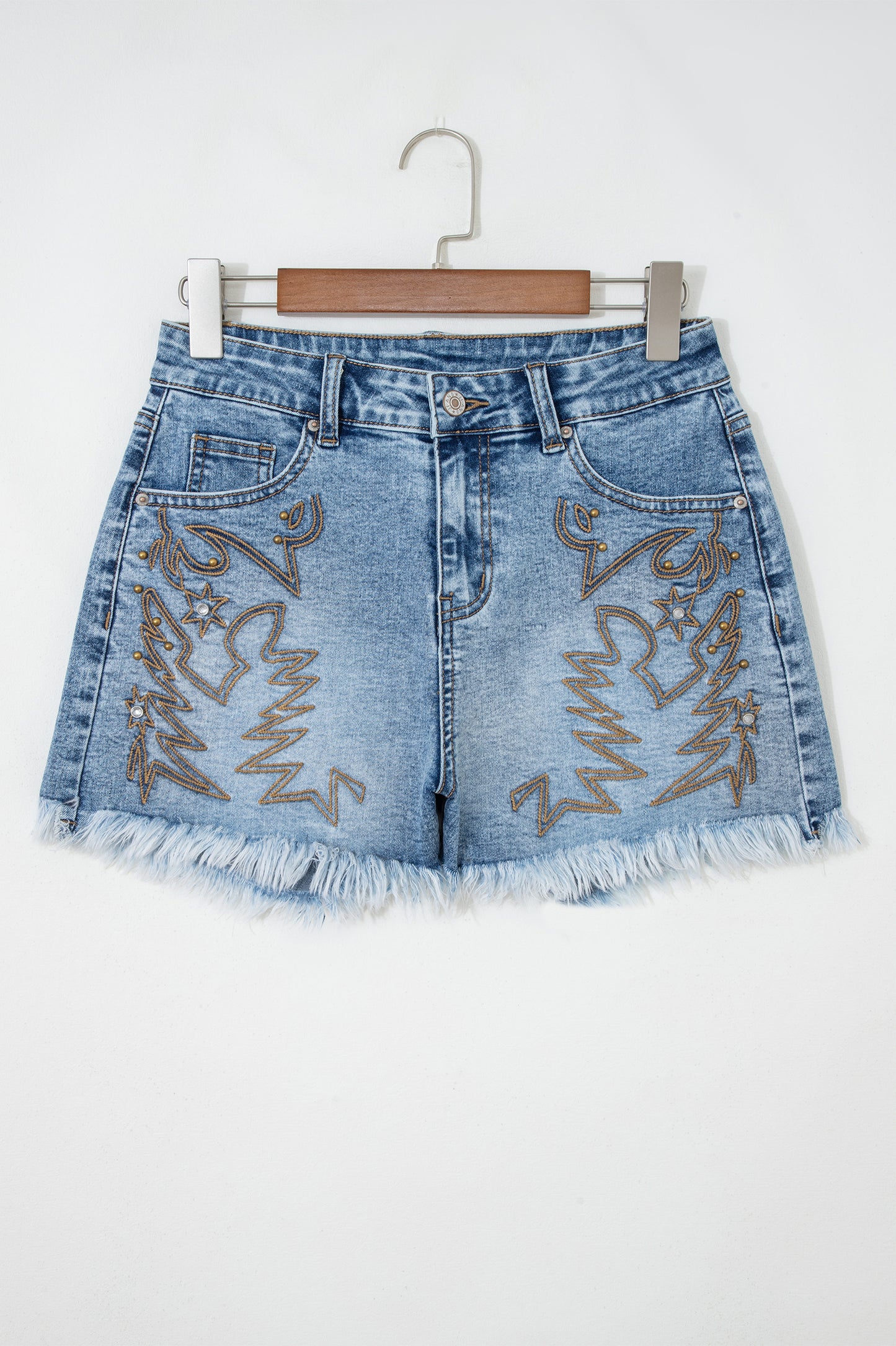Dusk Blue Western Embroidery Stud Denim Shorts Summer Daily Wear