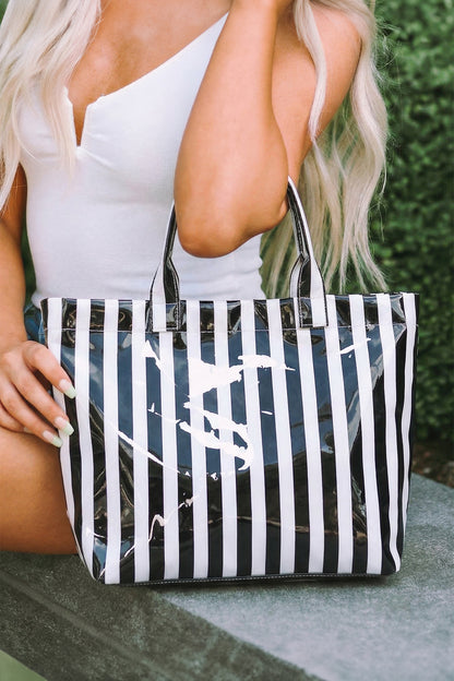 Rose Red Glossy Striped Vinyl Large Tote Bag