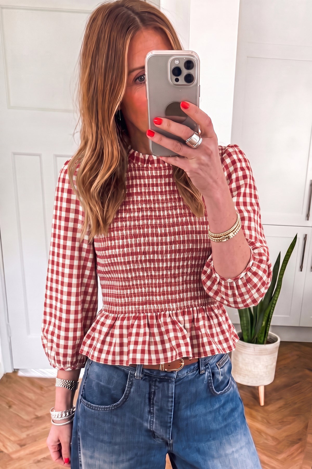 Ruched 3/4 Sleeve Shirred Plaid Peplum Top