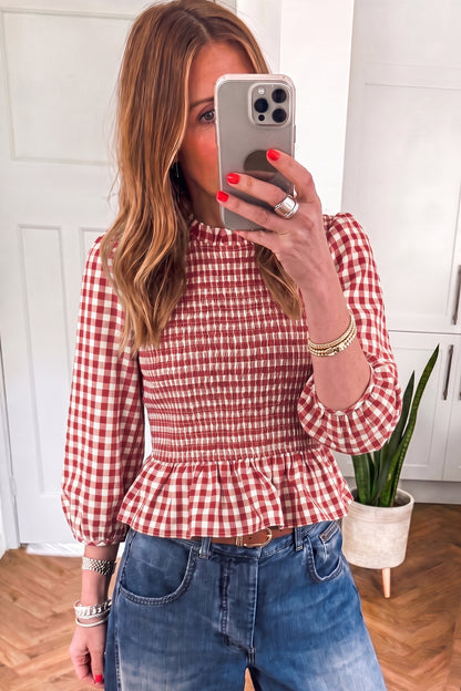 Ruched 3/4 Sleeve Shirred Plaid Peplum Top