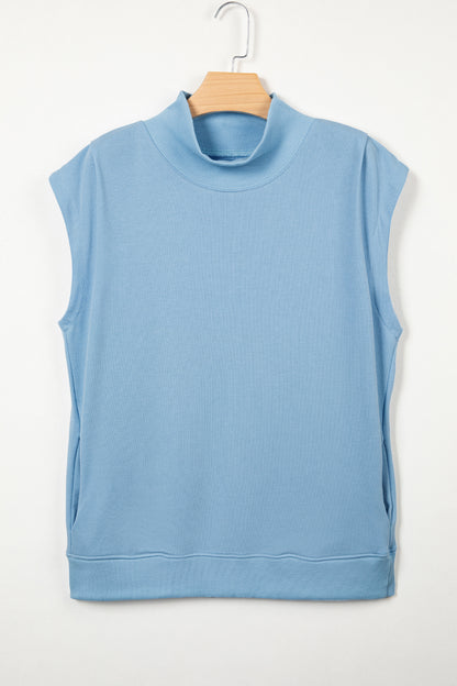 Light Grey Solid Color High Neck Cap Sleeve Loose Top