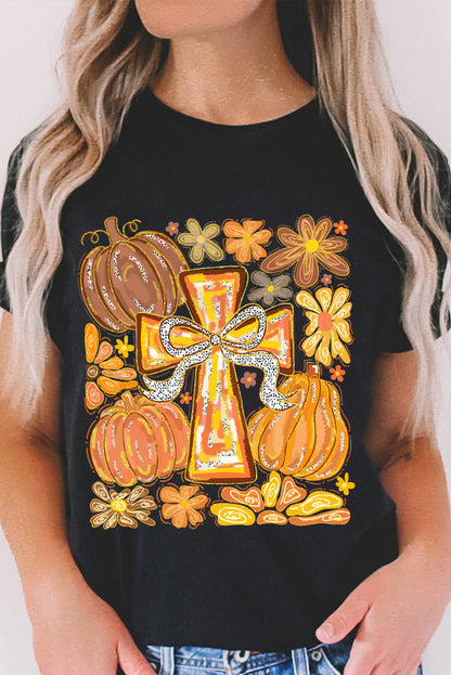 Black Cross Pumpkin Graphic Cotton Blend Tee