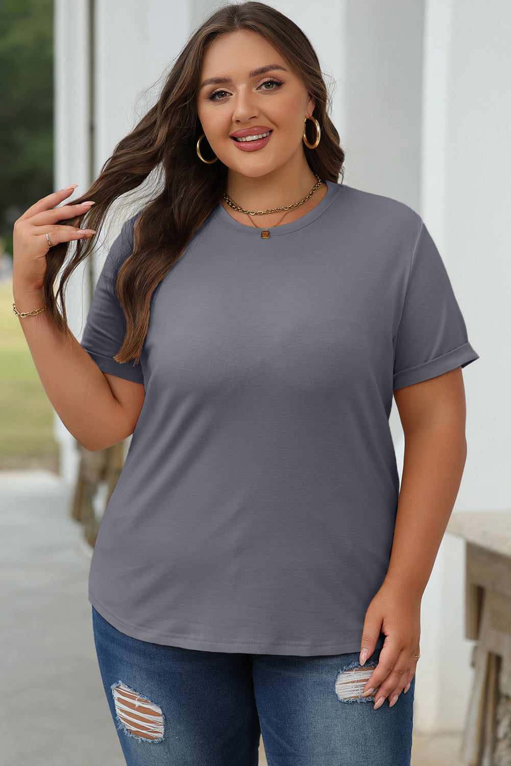 Orange Casual Plain Crew Neck Tee
