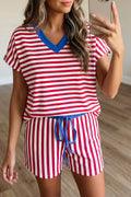 Red Stripe Colorblock Trim V Neck Tee Drawstring Elastic Waist Short Set