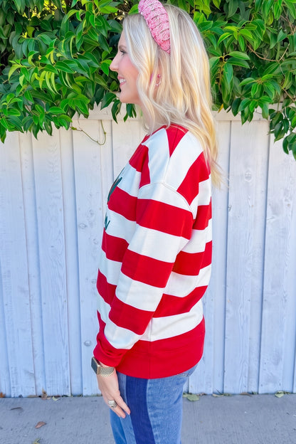 Stripe holly jolly Letter Embroidered Pullover Sweatshirt