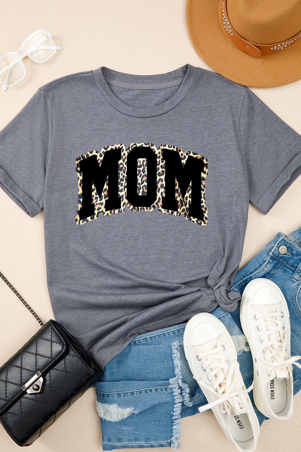 Gray Leopard MOM Graphic Crewneck T Shirt