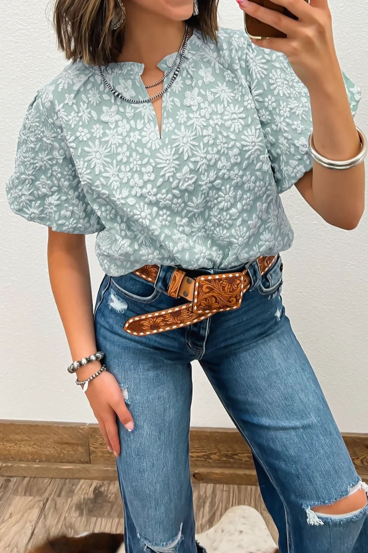 Apricot Pink Floral Textured Jacquard Puff Sleeve Blouse