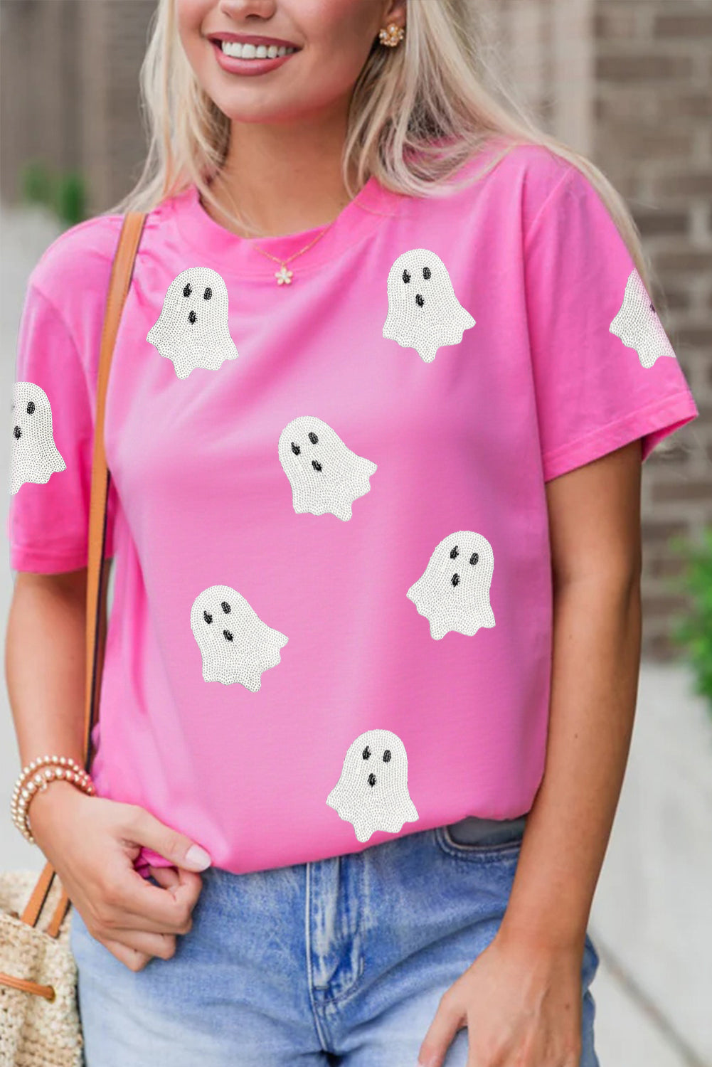 Sachet Sequin Halloween Ghost Patched Casual T Shirt