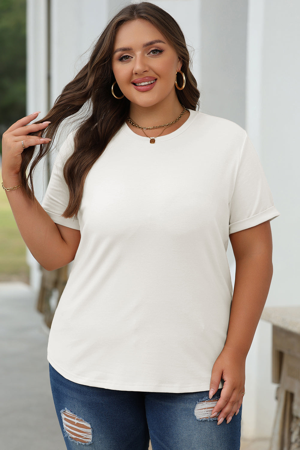 Orange Casual Plain Crew Neck Tee