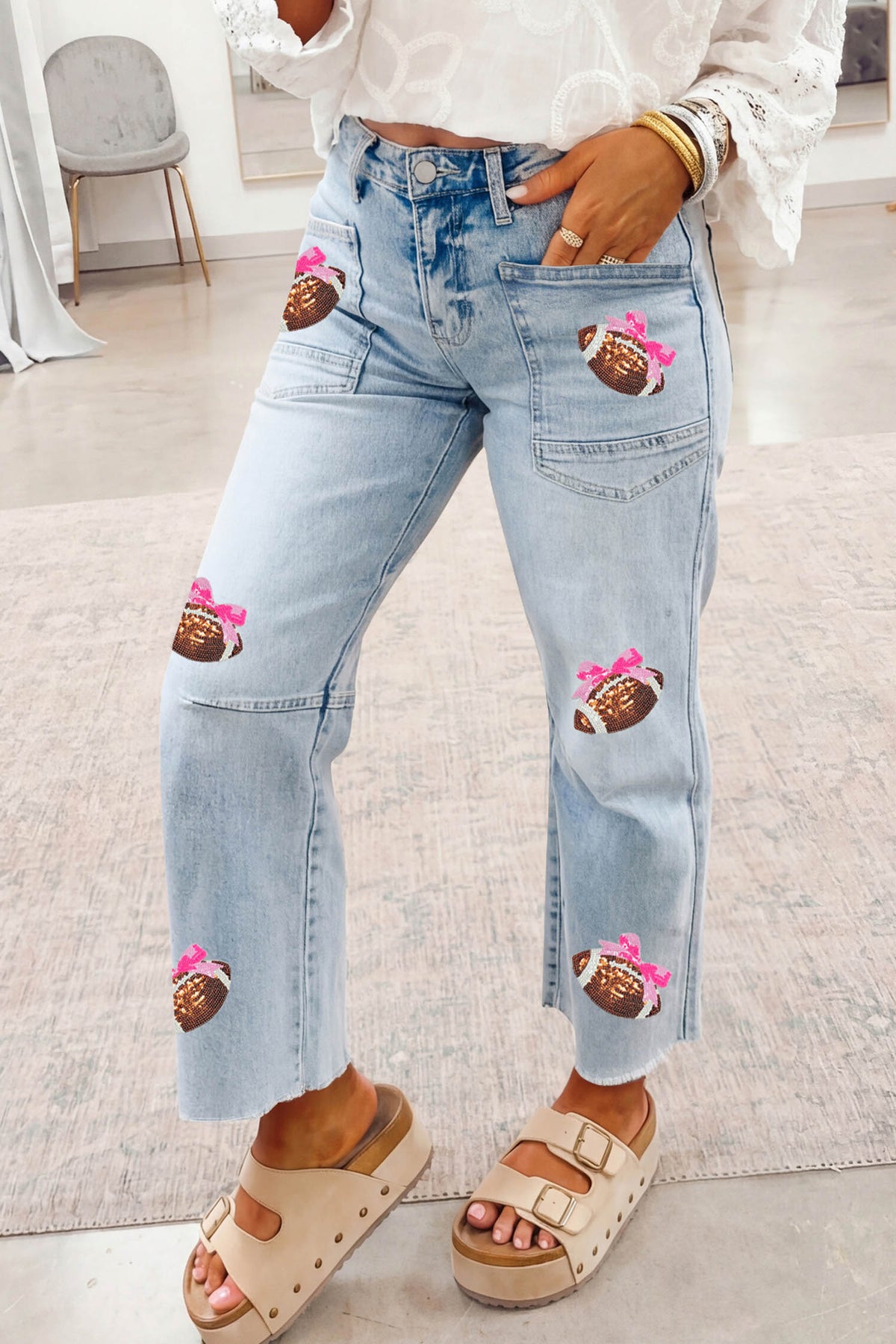 Beau Blue Sequin Bow Football Patches Raw Cut Ankle Length Jeans