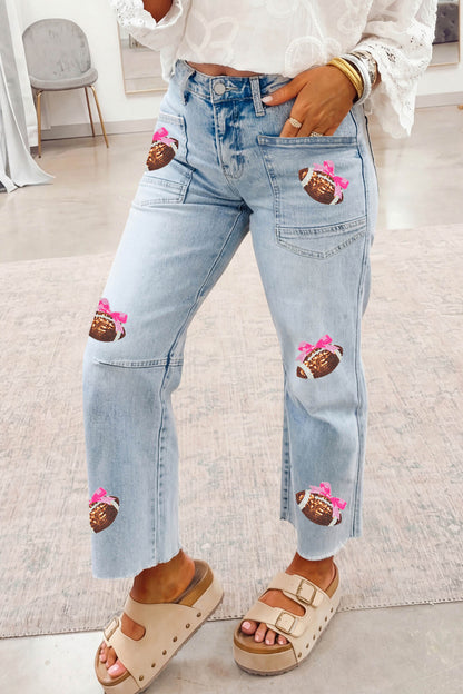 Beau Blue Sequin Bow Football Patches Raw Cut Ankle Length Jeans