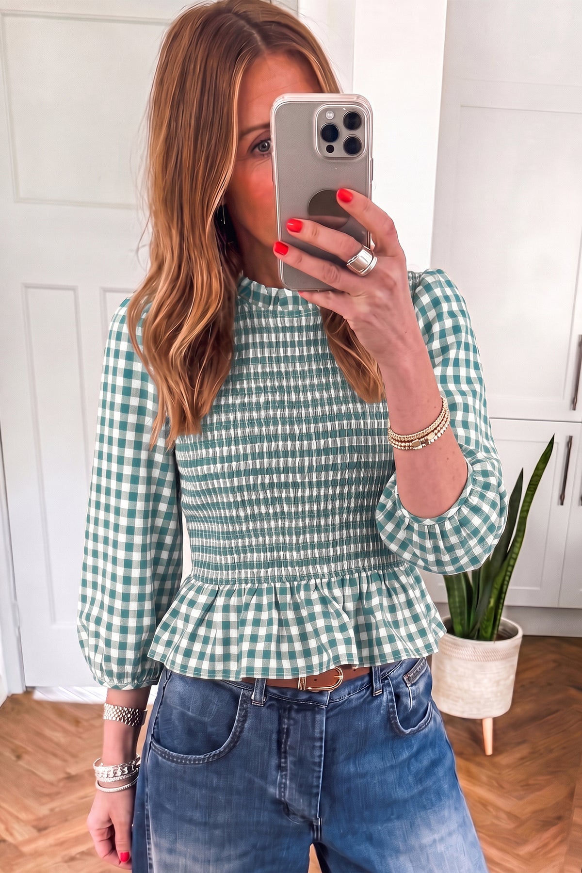 Ruched 3/4 Sleeve Shirred Plaid Peplum Top