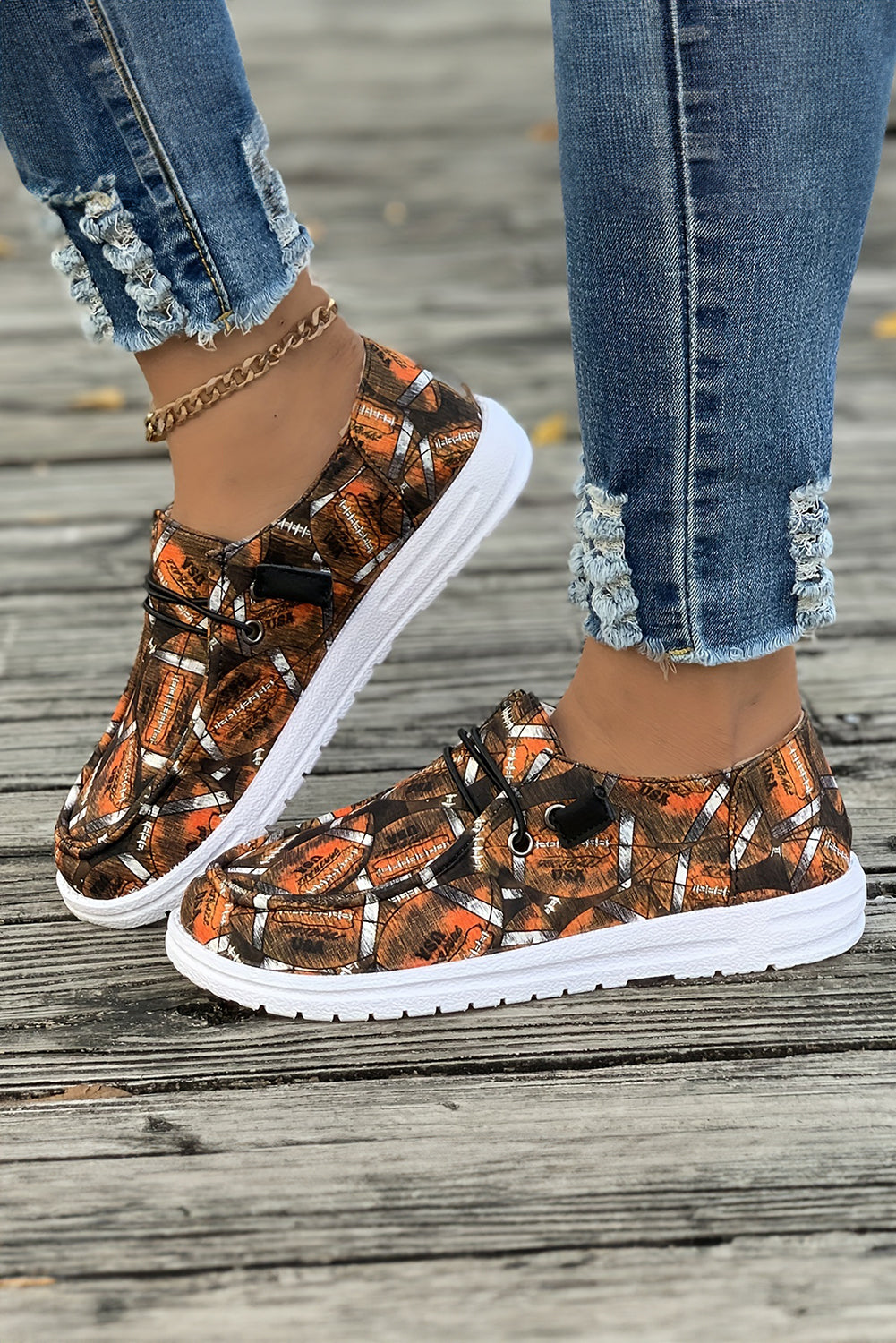 Coffee Football Allover Print Lace Up Detail Slip On Flat Shoes