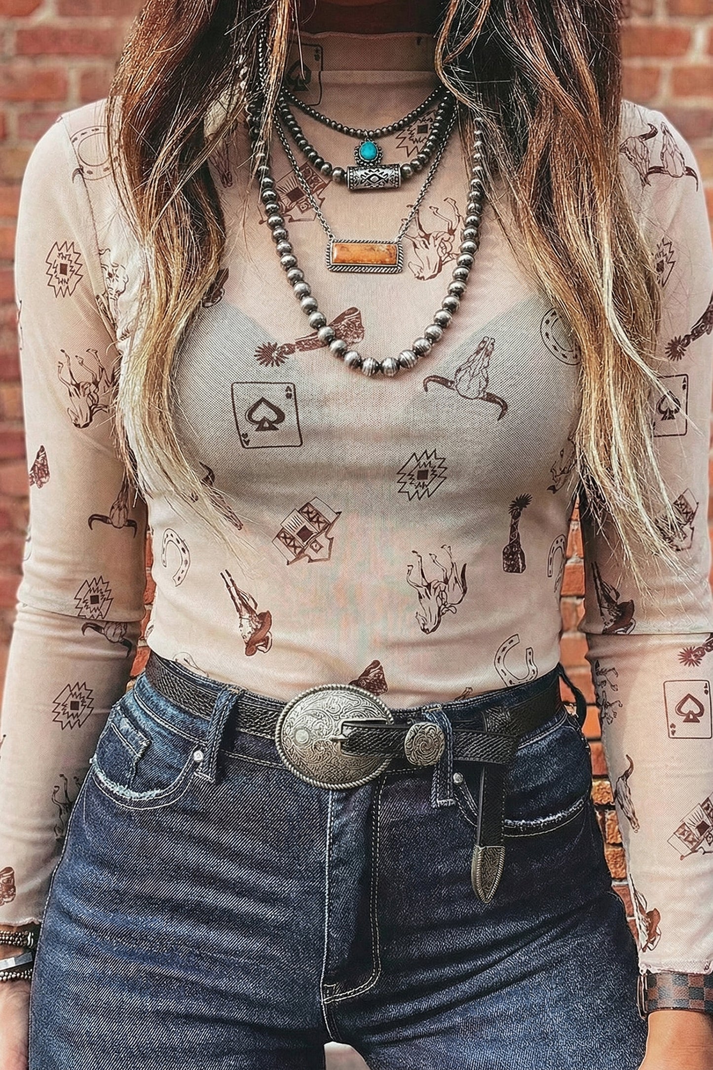 Rose Floral Print Slim Fit Mesh Long Sleeve Mock Neck Top
