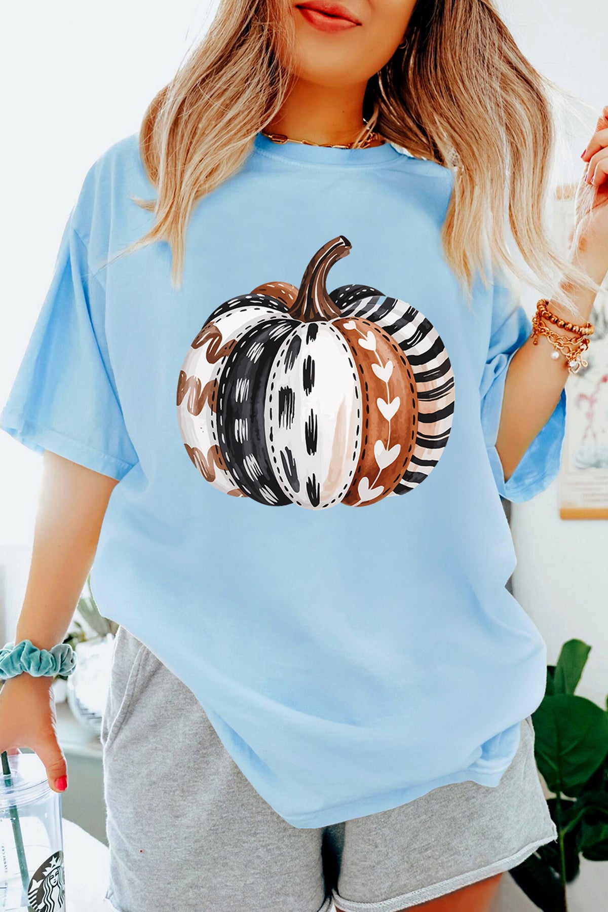 Light Blue Pumpkin Print Graphic T-Shirt
